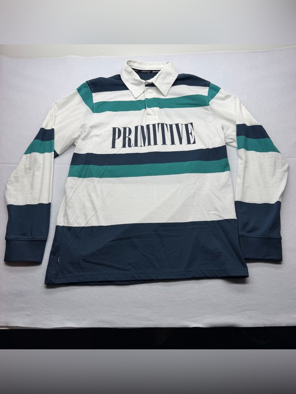 Primitive Men's Long Sleeve Rugby Shirt in White, Teal & Navy